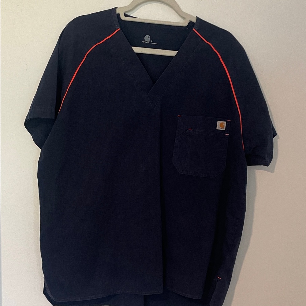 Carhartt Mens Navy Blue Scrub Top with Orange Highlights Large